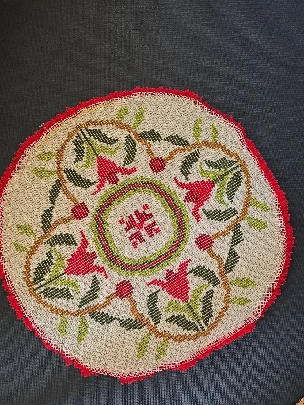 Vintage Handmade Latched Red Green White Scandinavian Vibes Round Rug 34